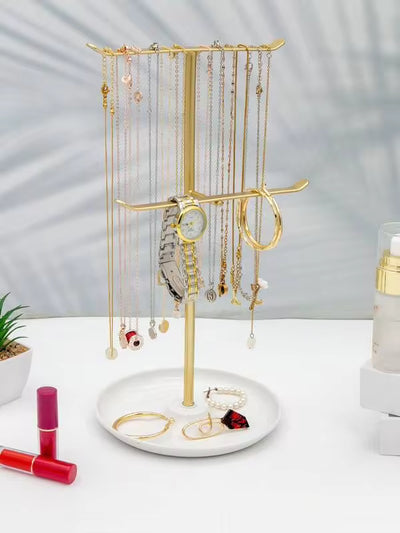 1pc Elegant Jewelry Storage Rack 2-Layer Display Stand, Used For Earrings, Necklaces, Ring Tray, Spacious , Easy To Assemble, White And Gold Sun Travel Cool Back To School